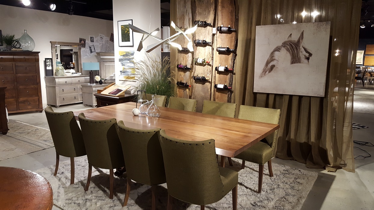 eight-seater wooden dining set with olive green chairs